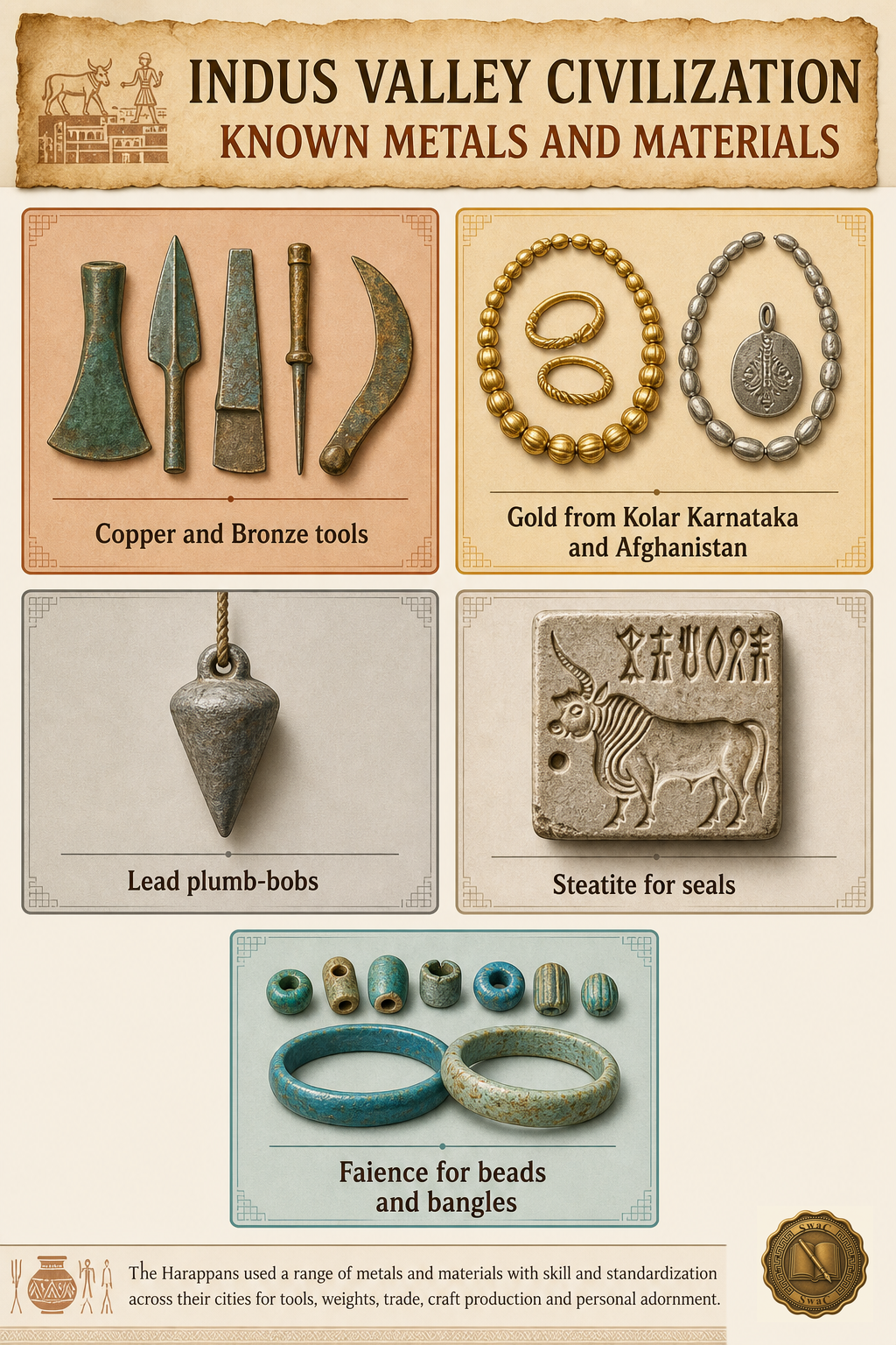 A five-tile material card where each tile fuses the material name with its canonical Harappan use, so the learner remembers material plus use plus source as one unit.