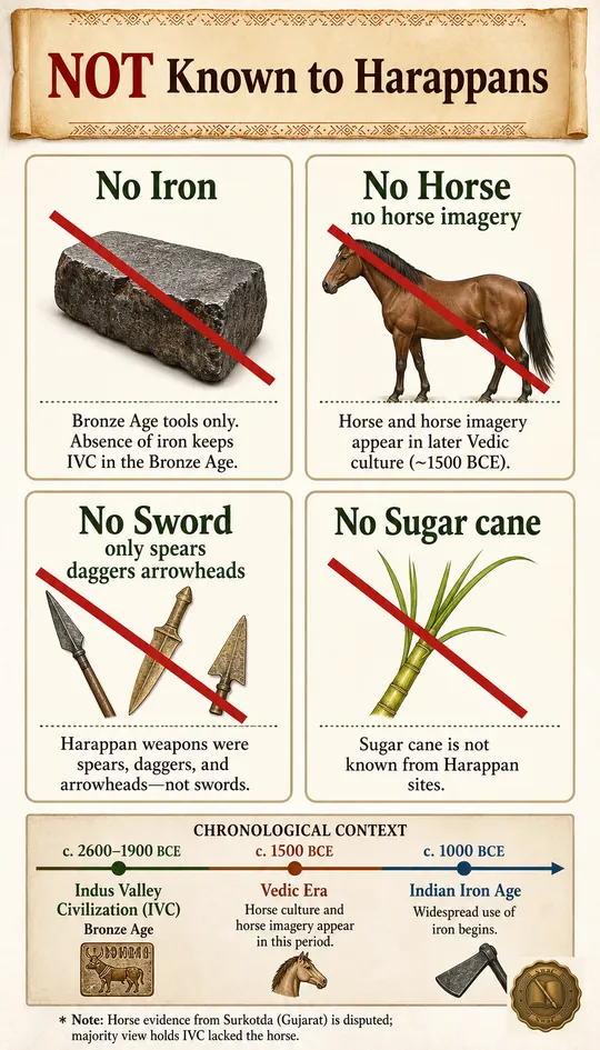 A crossed-out checklist of iron, horse, sword, and sugar cane that the learner can recall as the Harappan negative profile, with the Vedic and Iron Age comparisons one inference away.