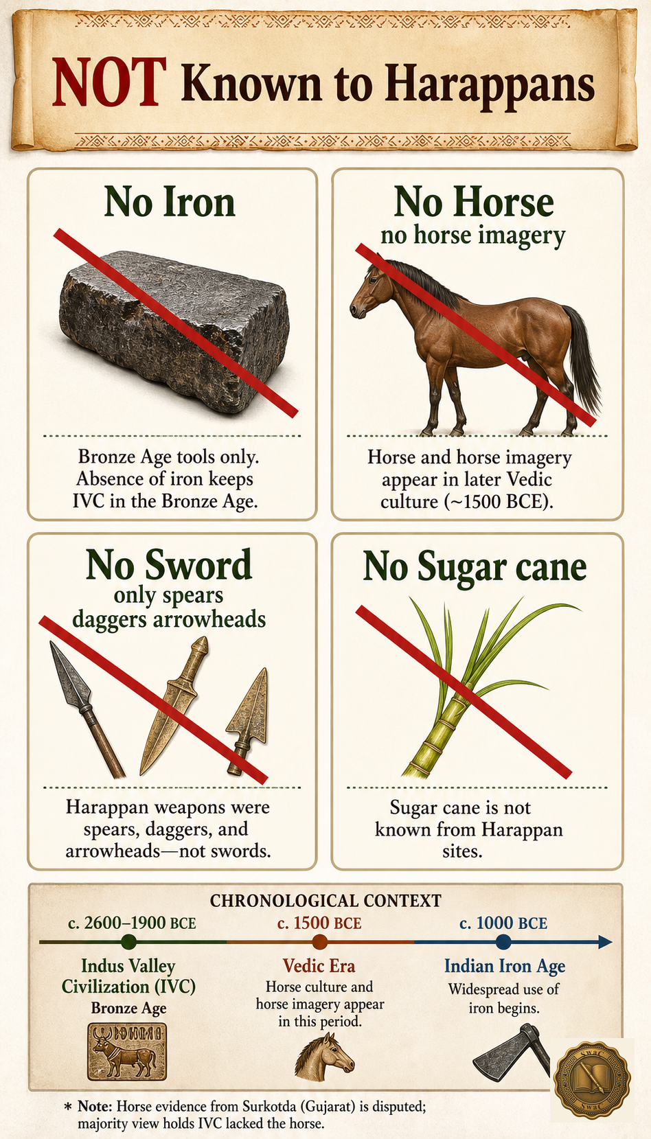 A crossed-out checklist of iron, horse, sword, and sugar cane that the learner can recall as the Harappan negative profile, with the Vedic and Iron Age comparisons one inference away.