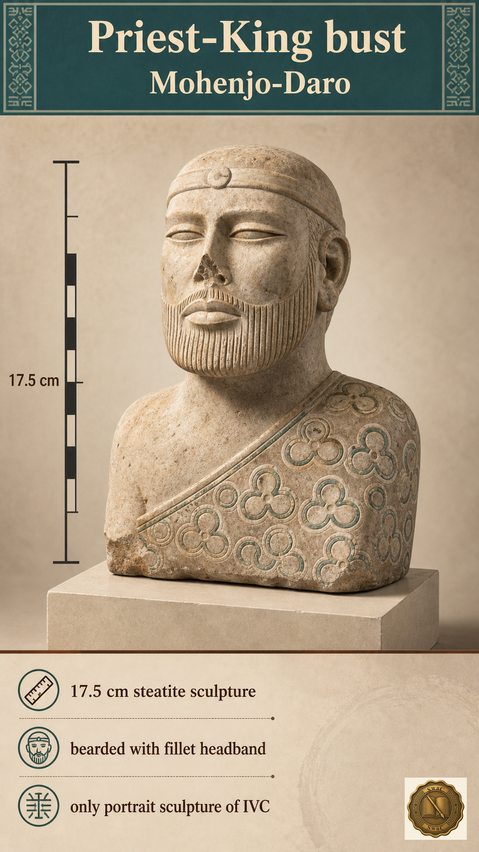 A serene 17.5 cm steatite bust of a bearded man wearing a decorated robe and a fillet headband, standing as the only portrait-like sculpture recovered from the IVC.