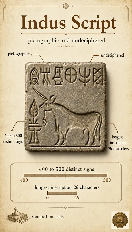A close-up Harappan seal carrying pictographic symbols whose four exam-critical properties (pictographic, undeciphered, 400-500 signs, longest inscription 26 characters) sit as labelled callouts around the seal.