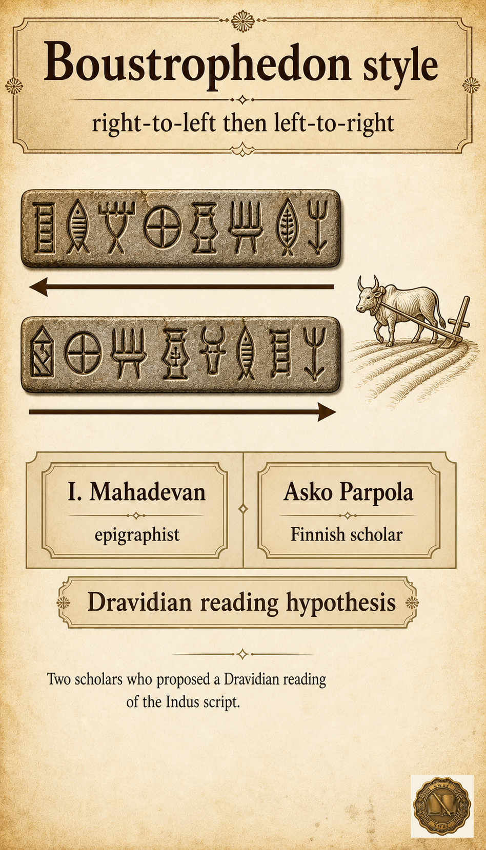 Two stacked lines of Indus glyphs running in opposite directions like an ox ploughing a field, with a small attribution strip naming the two scholars and their shared Dravidian hypothesis.