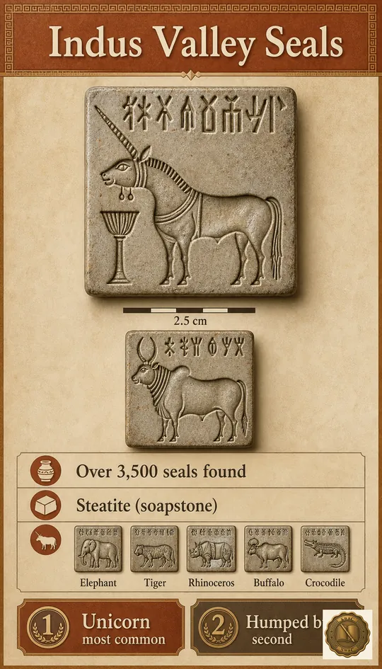 A glass-case museum board: one large steatite seal anchors the panel, supporting motifs orbit it, and stat callouts pin the corpus size and ranking facts.