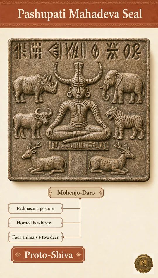 A textbook seal-impression card: the seated horned figure at center, four animals on the four sides (elephant, tiger, rhinoceros, buffalo), and two deer at the feet, with a clean leader-label panel naming each.