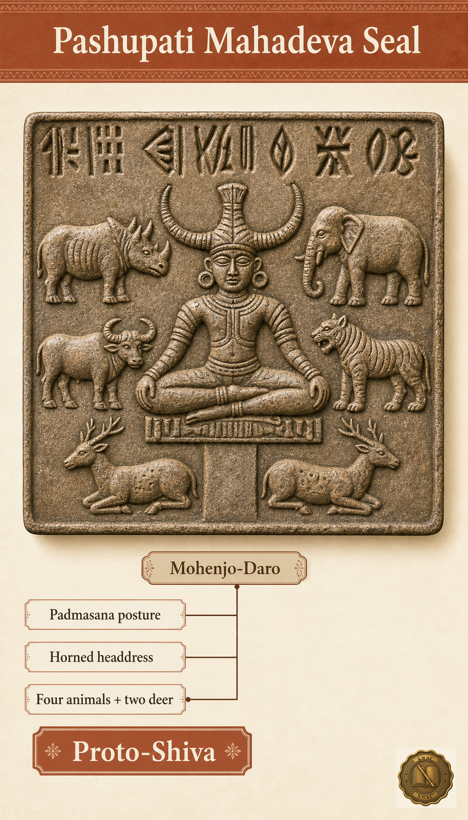 A textbook seal-impression card: the seated horned figure at center, four animals on the four sides (elephant, tiger, rhinoceros, buffalo), and two deer at the feet, with a clean leader-label panel naming each.