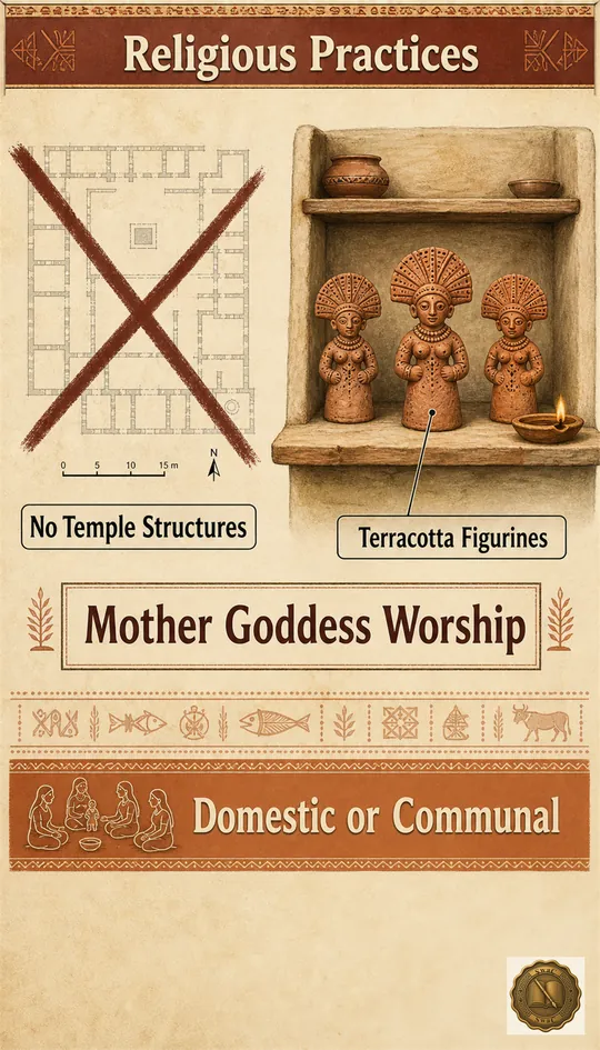 A two-panel cultic board: the left panel shows the absence of any temple silhouette (a struck-through ground plan), the right panel shows a small altar of terracotta female figurines with elaborate headdresses, framing IVC religion as domestic rather than monumental.