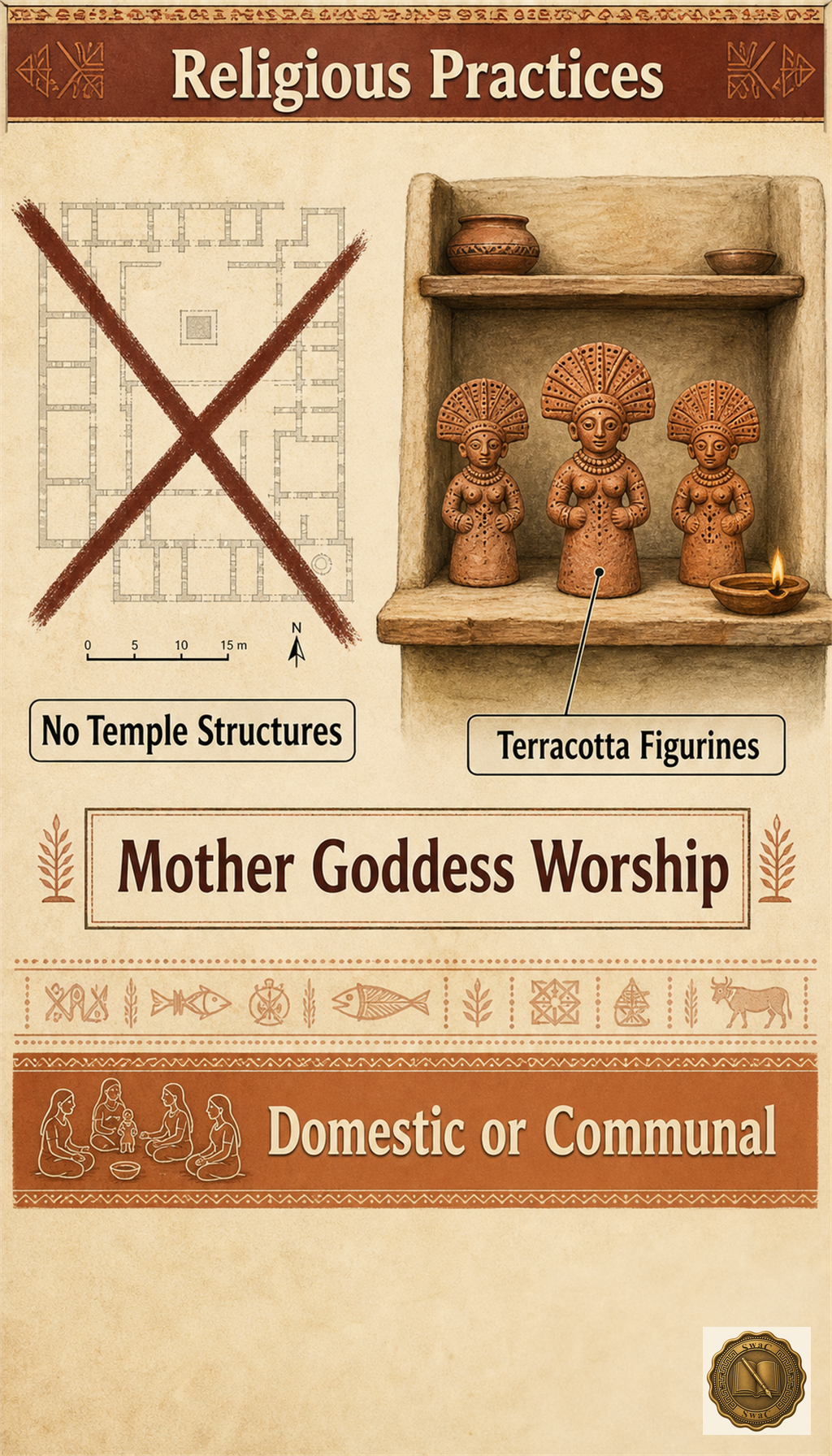 A two-panel cultic board: the left panel shows the absence of any temple silhouette (a struck-through ground plan), the right panel shows a small altar of terracotta female figurines with elaborate headdresses, framing IVC religion as domestic rather than monumental.