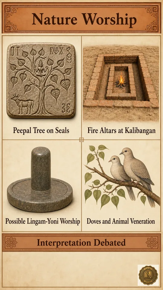 A four-quadrant cultic mosaic: peepal-leaf seal on top-left, brick-lined fire-altar pit (Kalibangan) on top-right, simple polished stone lingam and yoni base on bottom-left, dove pair on bottom-right - each quadrant a separate mnemonic.