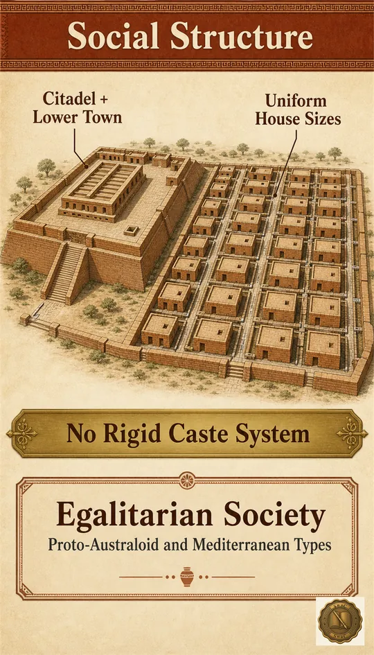 A bird's-eye Harappan town plan with uniform brick houses in the lower town, the raised citadel mound on the west, and a clean side panel listing the four social-structure facts.