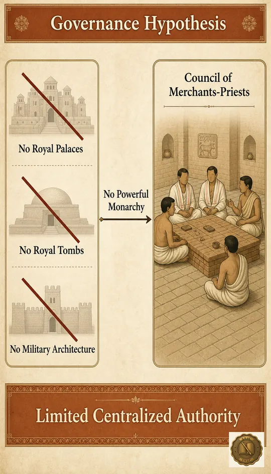 An absence-vs-hypothesis split board: three struck-through silhouettes (palace, royal tomb, fortified citadel) on the left, a small civic council scene of merchants and priests around a table on the right.
