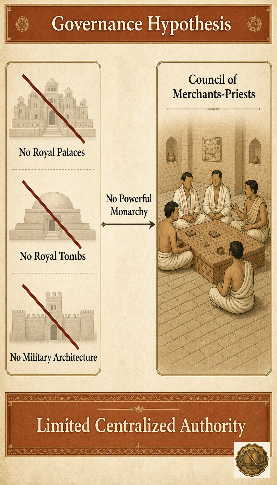 An absence-vs-hypothesis split board: three struck-through silhouettes (palace, royal tomb, fortified citadel) on the left, a small civic council scene of merchants and priests around a table on the right.