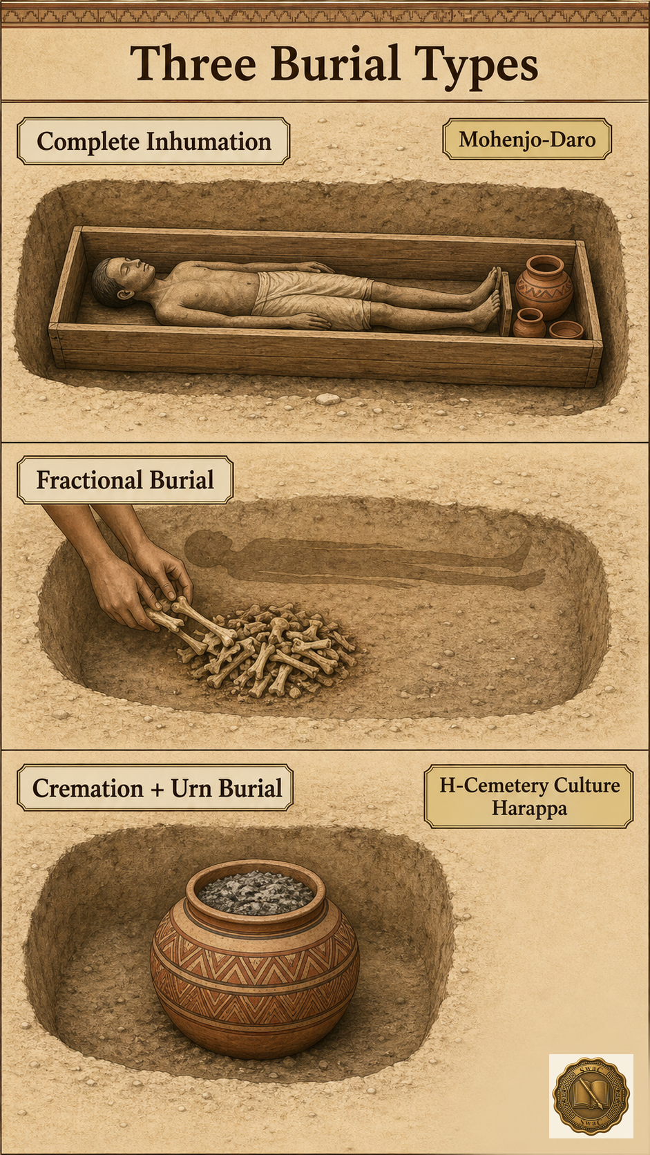 A three-cell archaeological field card: extended body in a wooden coffin (panel 1), exposed bones gathered into a small heap (panel 2), painted urn with ashes (panel 3) - each cell carrying a label and the most-attested site.