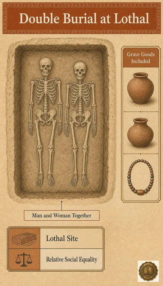 An archaeological excavation card: a top-down view of a shallow grave at Lothal with two extended skeletons side by side, a small inventory of grave goods (pottery, ornaments) along the edge, and a fact-callout panel.