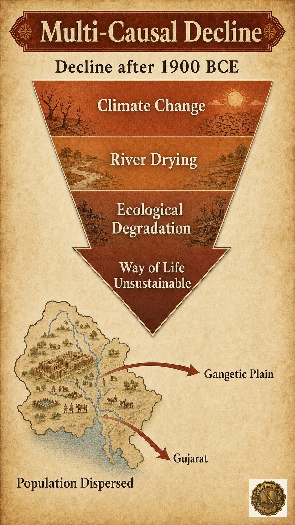 A vertical cause-arrow that begins at a 1900 BCE date stamp, narrows through three stacked cause bands (climate, rivers, ecology), and ends at a small map vignette showing arrows leaving the IVC heartland for the Gangetic plain and Gujarat.