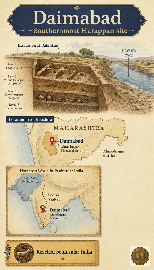Daimabad is the IVC's southernmost outpost — a stone-marker that proves Harappan material culture reached deep into peninsular India.