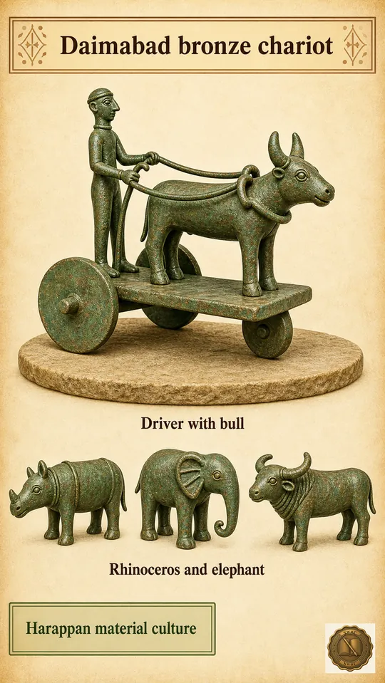 The Daimabad bronze chariot is the lesson's signature artifact — a tiny bronze theatre carrying a driver-with-bull and three peninsular animals that proves Harappan craft reached the Deccan.