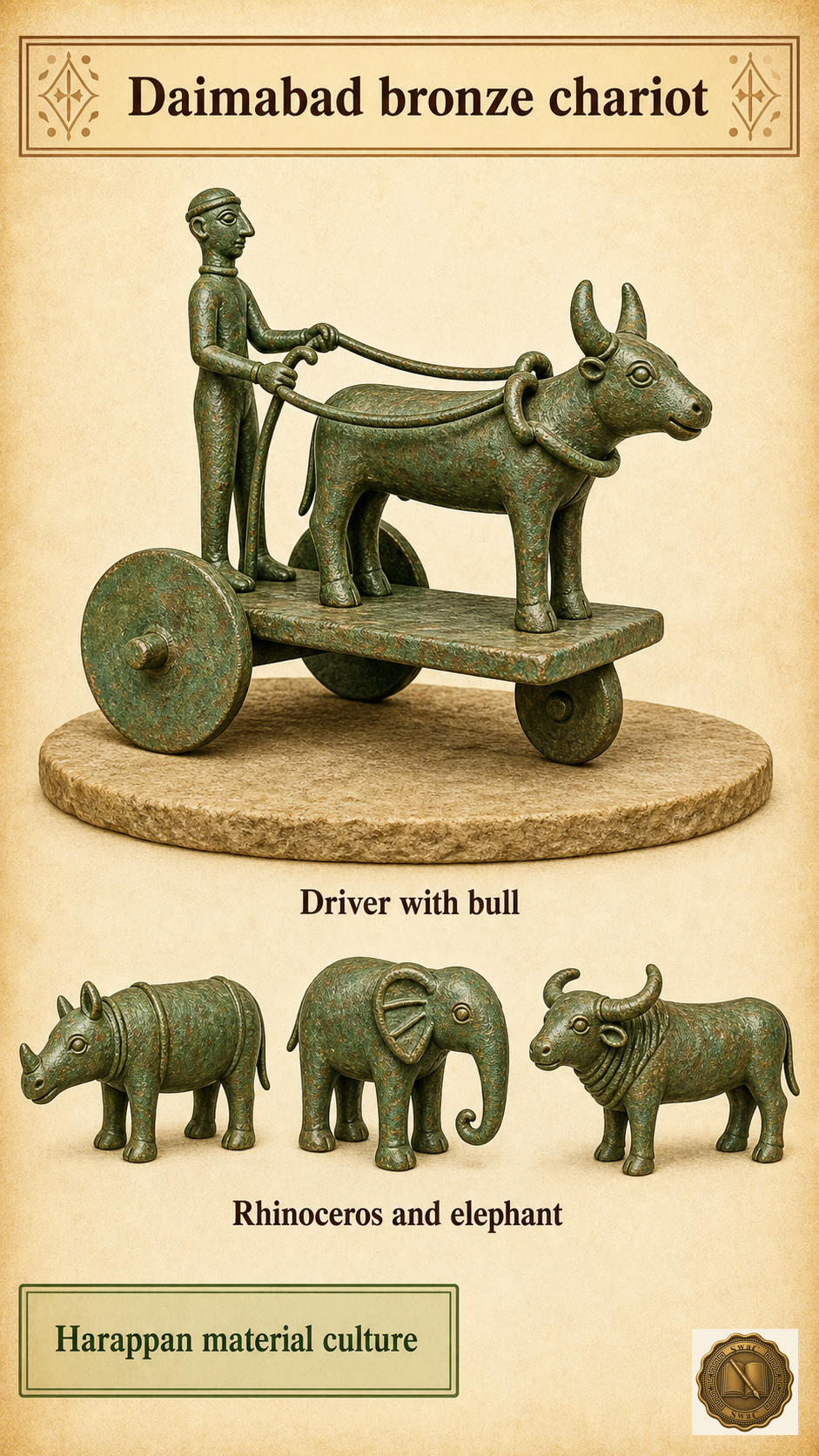 The Daimabad bronze chariot is the lesson's signature artifact — a tiny bronze theatre carrying a driver-with-bull and three peninsular animals that proves Harappan craft reached the Deccan.