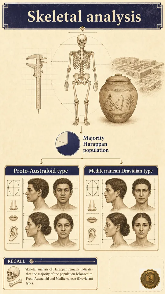 The Harappan body itself carries the Dravidian thread — anthropometric studies place the majority population in Proto-Australoid and Mediterranean (Dravidian) categories.