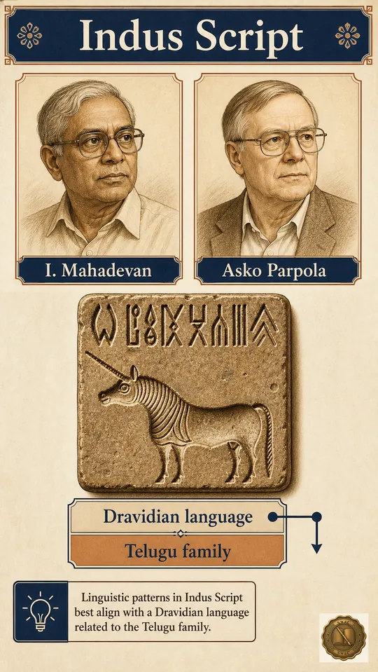 Two scholars (Iravatham Mahadevan and Asko Parpola) decode the Indus Script as a Dravidian text — the same language family that flowers as Telugu in present-day Andhra Pradesh.