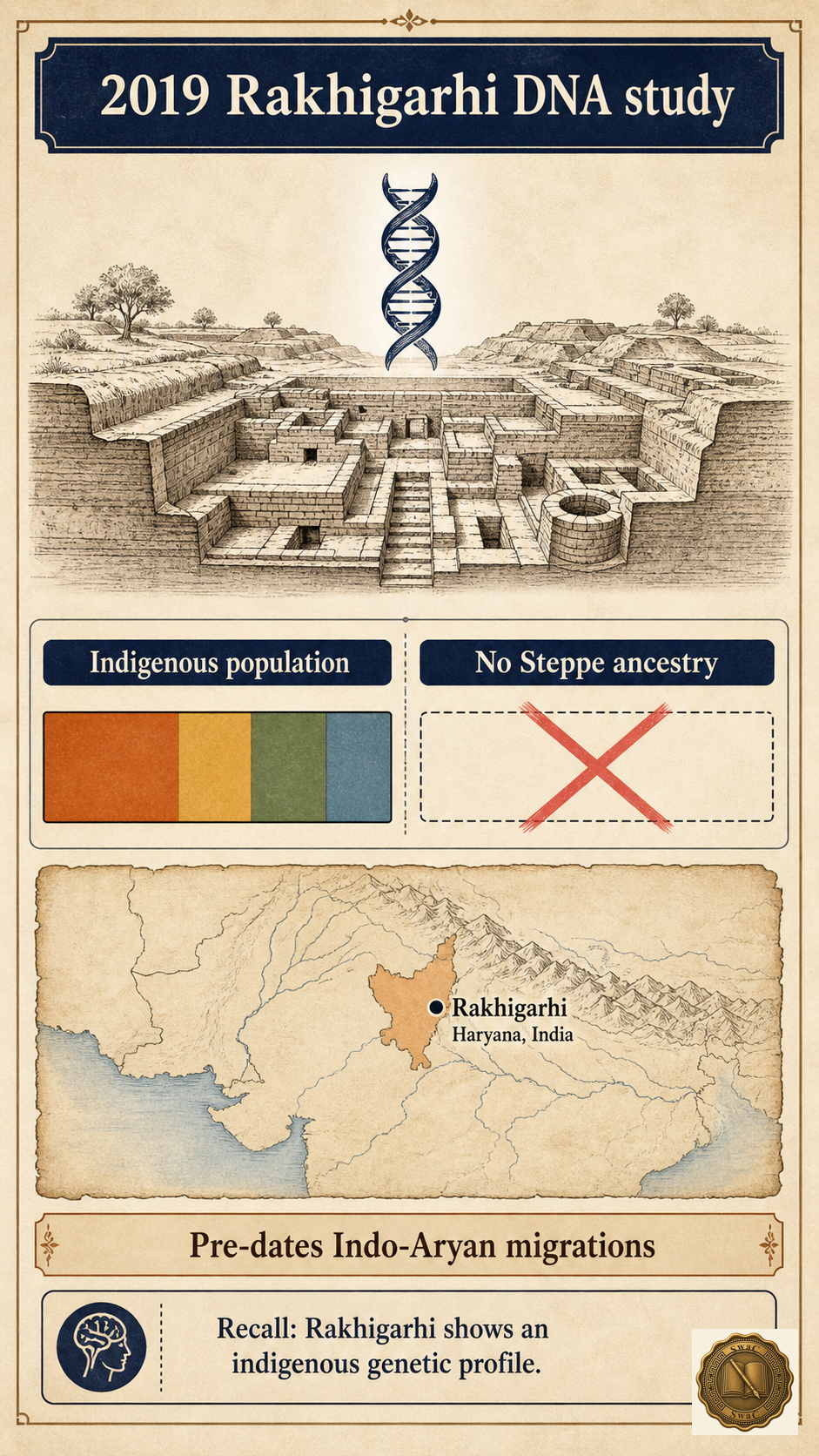 One Rakhigarhi skeleton, one DNA chart, one sentence: no Steppe ancestry — the Harappan population was indigenous and pre-Indo-Aryan.