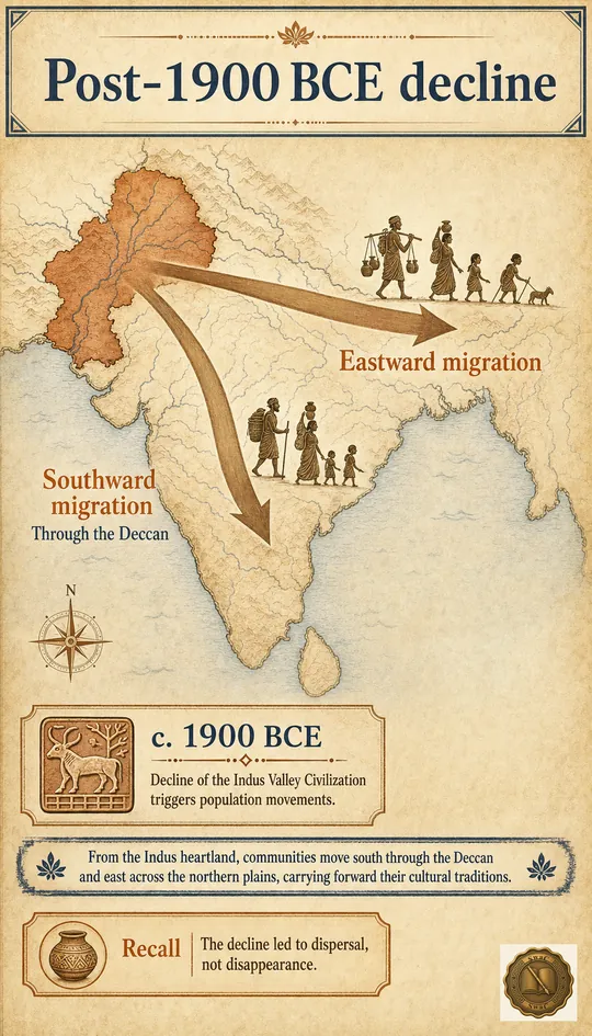 When the IVC declines after 1900 BCE, two arrows fan out from the core — one south through the Deccan, one east — carrying people toward peninsular India.