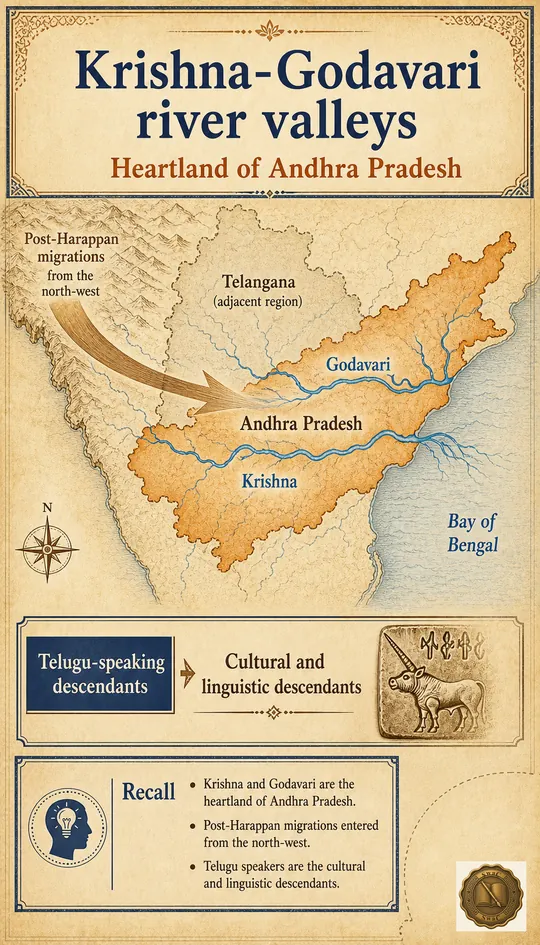 The Krishna and Godavari valleys are the receiving basin — post-Harappan migrants meet Telugu heartland, and today's Telugu speakers may be the cultural and linguistic descendants.