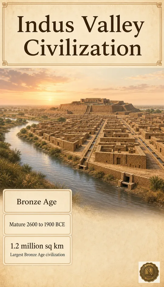 South Asia's first urban civilization rising along the Indus floodplain, vast in scale and tightly engineered, defining the Bronze Age across 1.2 million sq km.