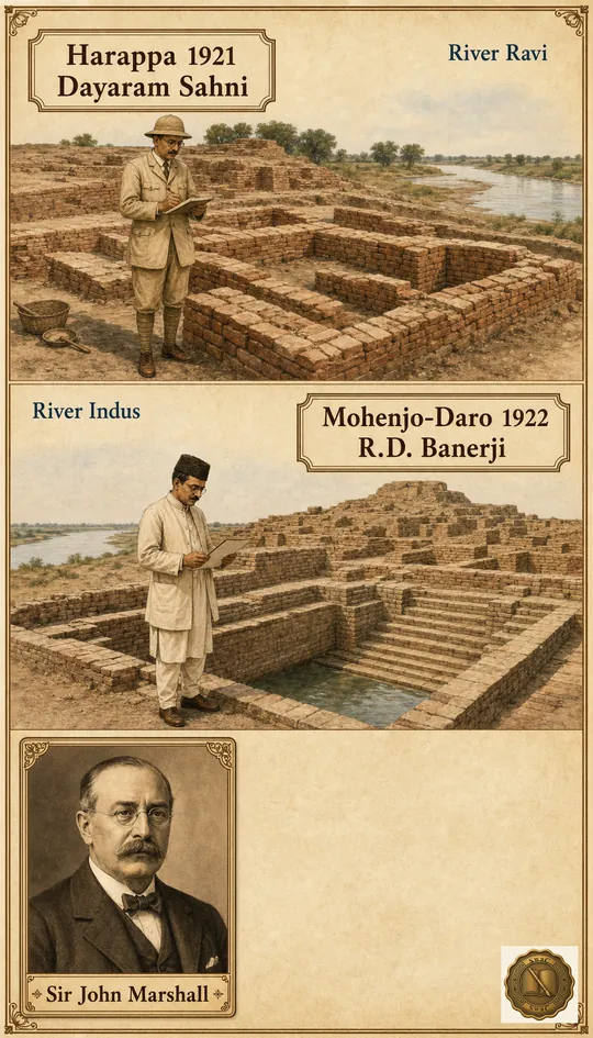 Two excavation scenes side-stacked vertically: 1921 Harappa on the Ravi by Dayaram Sahni, and 1922 Mohenjo-Daro on the Indus by R.D. Banerji, both under the supervisory umbrella of Sir John Marshall.