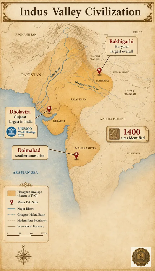 A stylized parchment map of the IVC envelope spanning Pakistan, northwest India, and dipping south to Maharashtra, with four pinned site labels and a UNESCO marker at Dholavira.