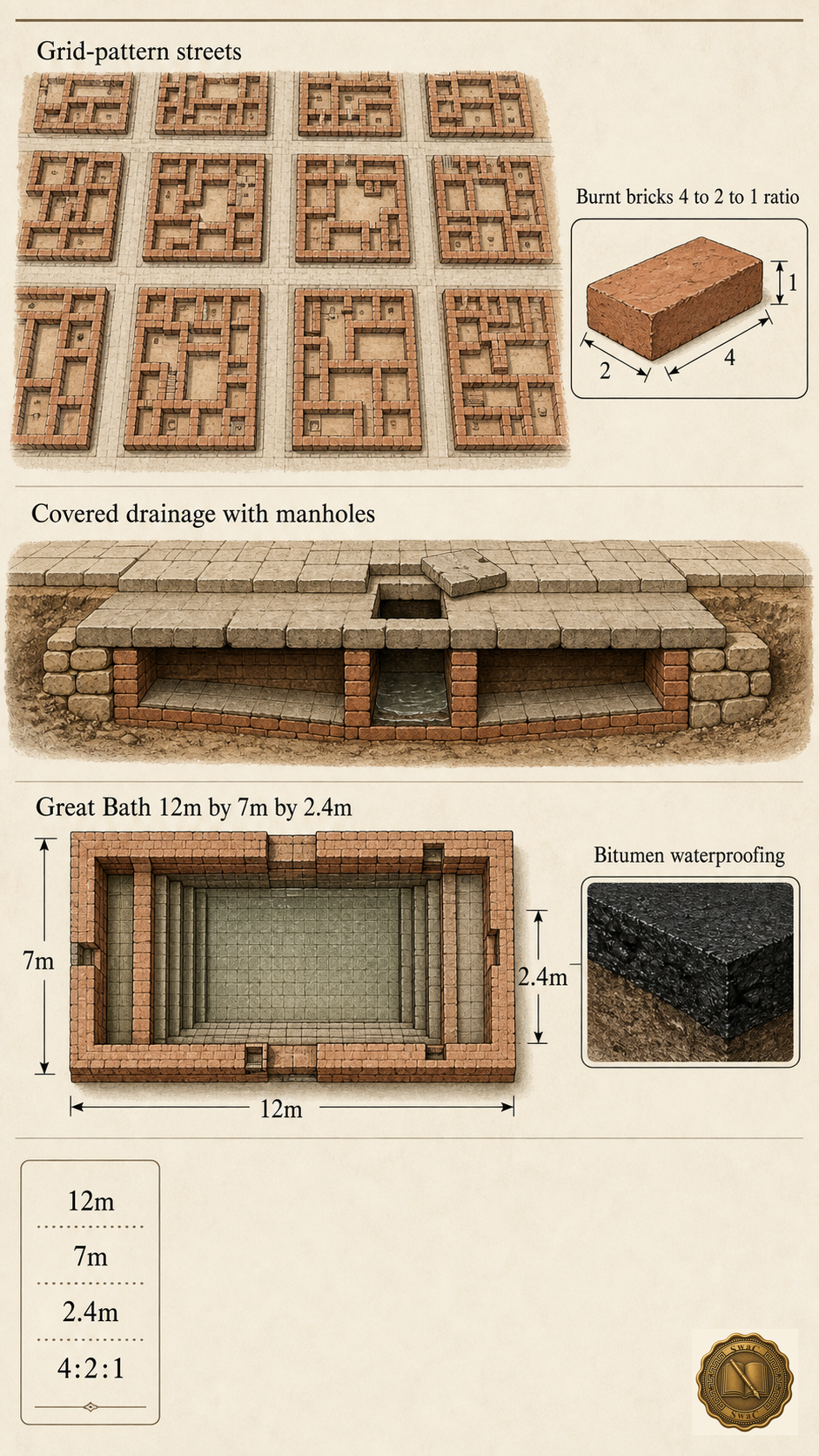 A cutaway-style Harappan town: right-angle grid streets above, a covered drain section with an inspection manhole on the side, and a dimensioned Great Bath plan at the bottom mid-zone.