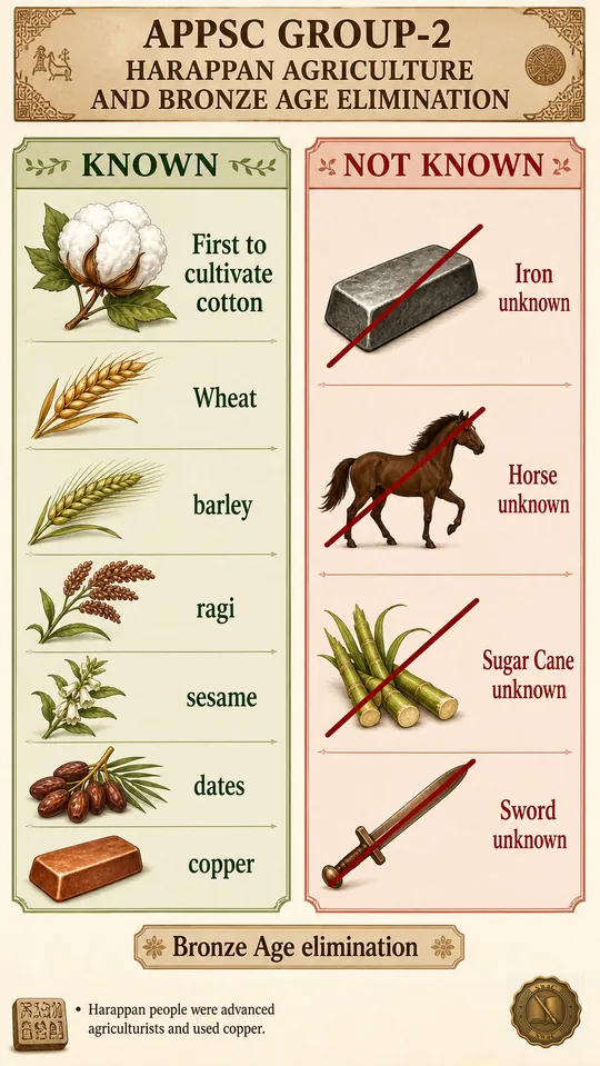 A two-column ledger plate: a green KNOWN column showing cotton boll, wheat, barley, ragi, sesame, dates and a copper ingot; a red NOT-KNOWN column showing iron ingot, horse, sugar cane stalk, and a sword — each crossed out.
