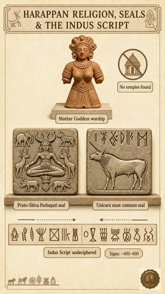 A museum-display plate with three rows: at top a Mother Goddess terracotta figurine; in the middle a stylized Pashupati Mahadeva seal facing a Unicorn seal; at the bottom an Indus Script strip showing Boustrophedon reading direction with a sign-count tag.