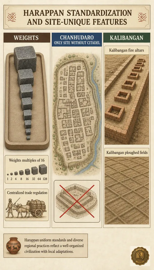 A three-column comparison plate: left column shows a stack of Harappan cubical chert weights with multiples-of-16 markers; middle column shows a Chanhudaro plan with NO citadel marker; right column shows Kalibangan with a row of fire altars and a ploughed-field surface texture.