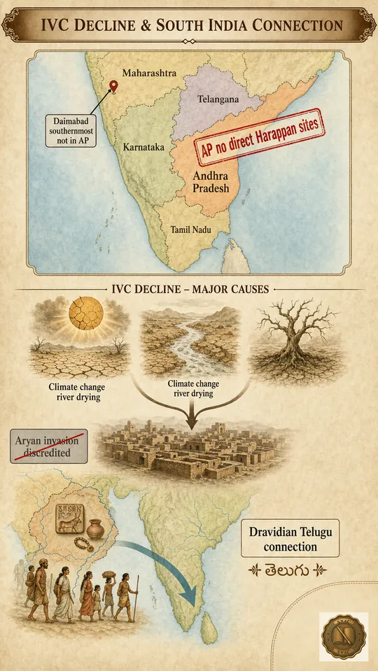 A two-zone diagnostic plate: upper zone is a small AP-focused inset of South India with a no-Harappan-sites stamp on Andhra Pradesh and a southernmost arrow pinned to Daimabad in Maharashtra; lower zone is a fan-out of decline causes converging on a fading Harappan city, plus a Dravidian-population arrow tracing into the South including Telugu speakers.