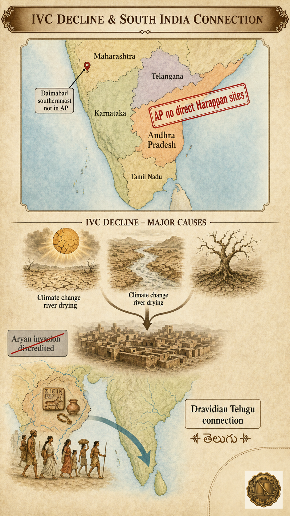A two-zone diagnostic plate: upper zone is a small AP-focused inset of South India with a no-Harappan-sites stamp on Andhra Pradesh and a southernmost arrow pinned to Daimabad in Maharashtra; lower zone is a fan-out of decline causes converging on a fading Harappan city, plus a Dravidian-population arrow tracing into the South including Telugu speakers.