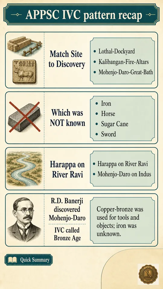 A vertical APPSC revision card with four stacked pattern rows: a match-pattern bar, an elimination-pattern bar, a site-river bar, and a discoverer-conceptual bar — each with a tiny pictogram on the left and a canonical answer chip on the right.