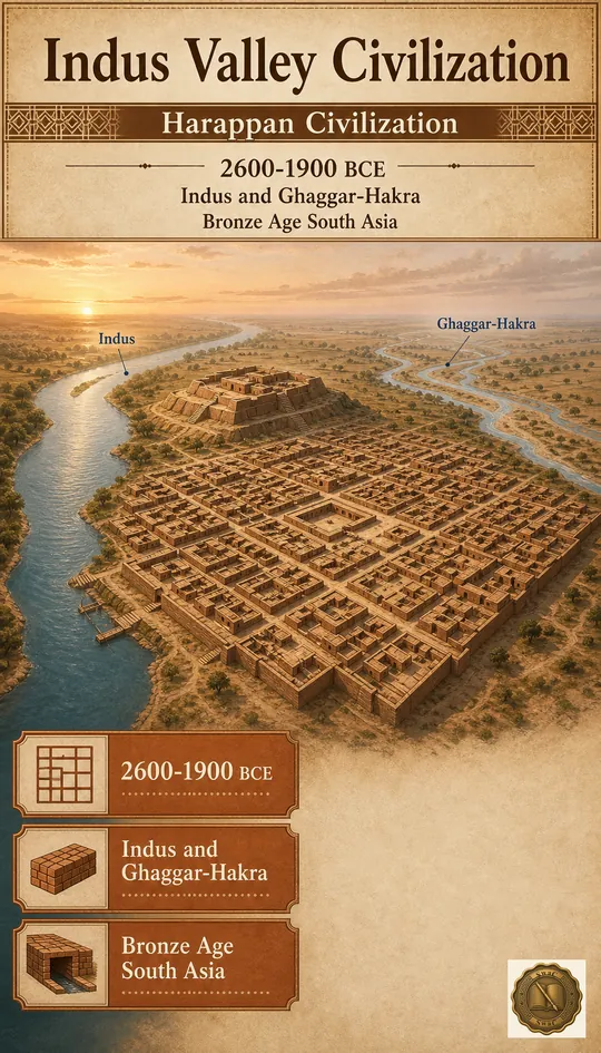 Earliest South Asian city dawn: twin-river basins feeding a baked-brick urban grid framed by a low citadel silhouette.