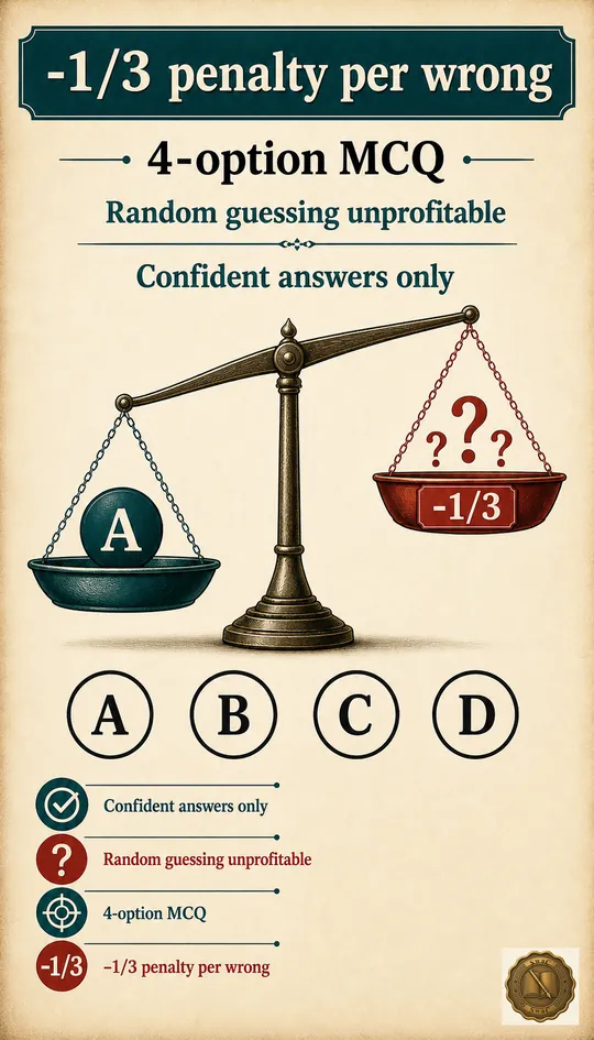 A balance scale: a confident bubble drops on the answer sheet; a random guess slides into a tray weighted with a -1/3 penalty.