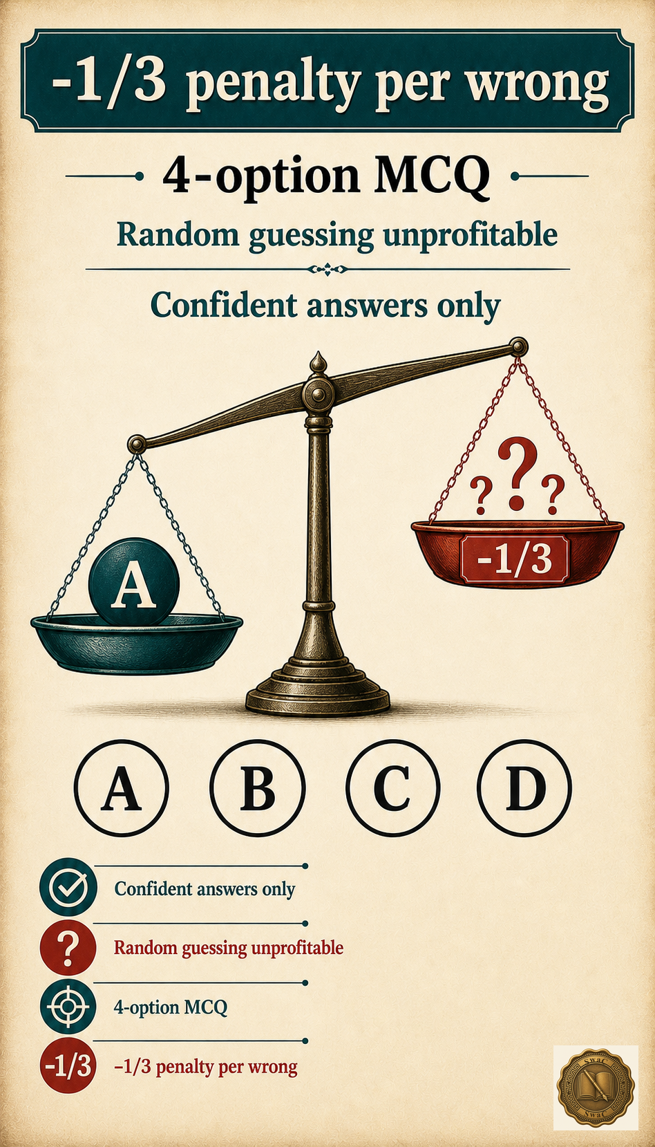 A balance scale: a confident bubble drops on the answer sheet; a random guess slides into a tray weighted with a -1/3 penalty.
