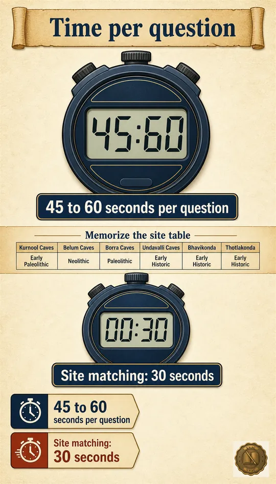 A pair of stopwatches stacked vertically: a generic question stopwatch reading 45-60 seconds and a site-matching stopwatch reading 30 seconds, with a memorized-table strip beneath.