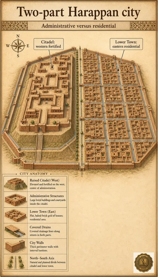 A single Harappan city cut in half along a north-south axis: raised citadel on the west, flat baked-brick residential grid on the east, with covered drains threading both.
