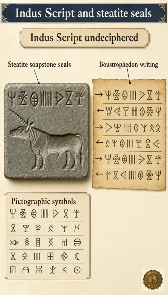 A close-up of a square soapstone seal in the foreground with pictographic symbols, beside a transcription strip showing the same symbols arranged in alternating-direction lines.