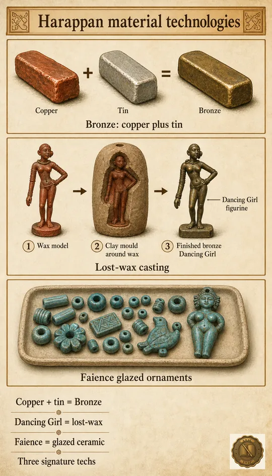 A three-column display tray: column one ingots of copper plus tin yielding bronze, column two the lost-wax process culminating in the Dancing Girl, column three glazed faience beads and ornaments.