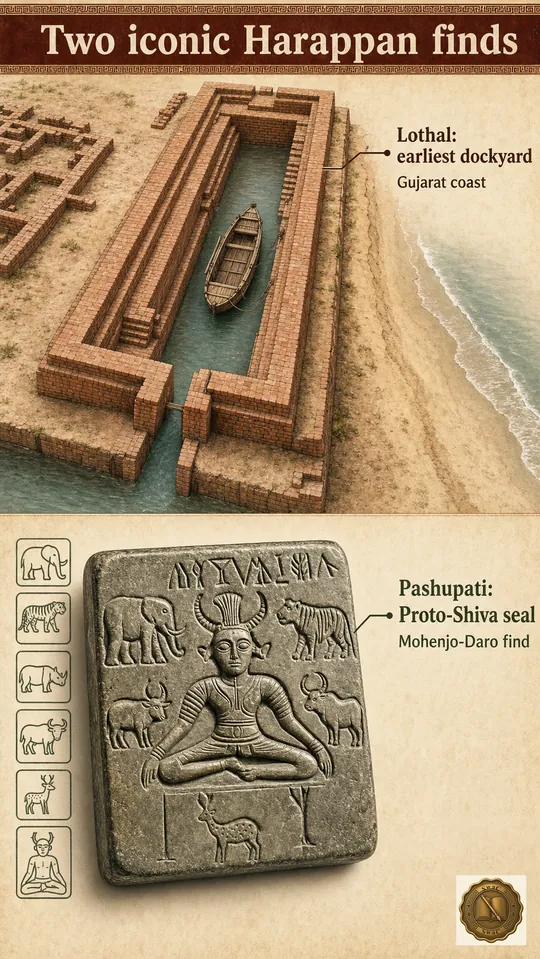 Upper half — a top-down view of the Lothal trapezoidal brick dockyard with a tiny boat docked; Lower half — the Pashupati seal close-up showing a seated horned figure surrounded by animals.