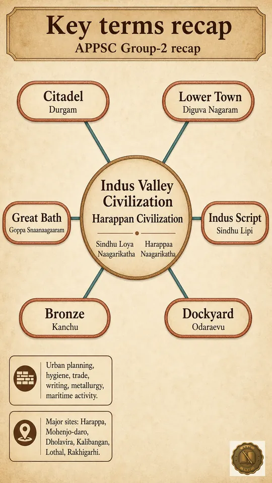 A central node 'Indus Valley Civilization' radiating six labelled spokes — citadel, lower town, great bath, indus script, bronze, dockyard — each spoke carrying the English glossary term in larger type and the Telugu transliteration beneath it in smaller type.