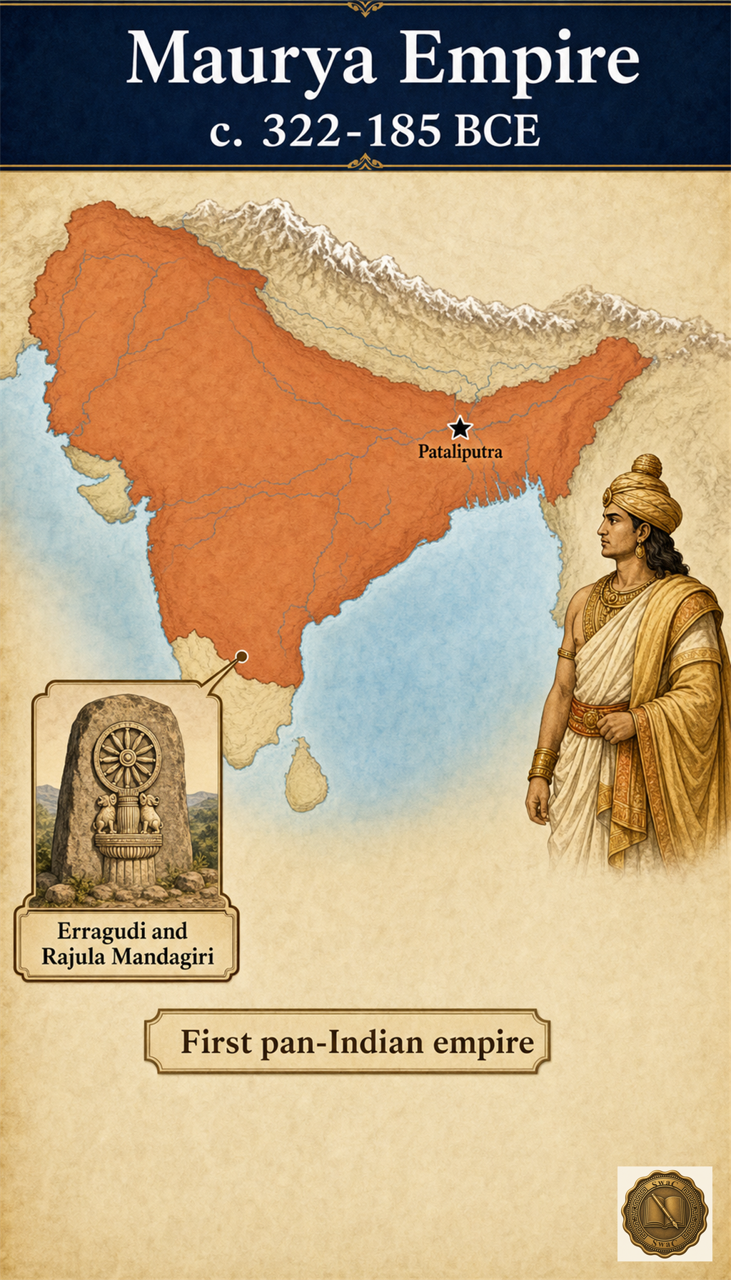 A vast subcontinent-spanning empire radiating from Pataliputra, with Ashoka's rock edicts in Kurnool anchoring the national story to Andhra Pradesh's own soil.