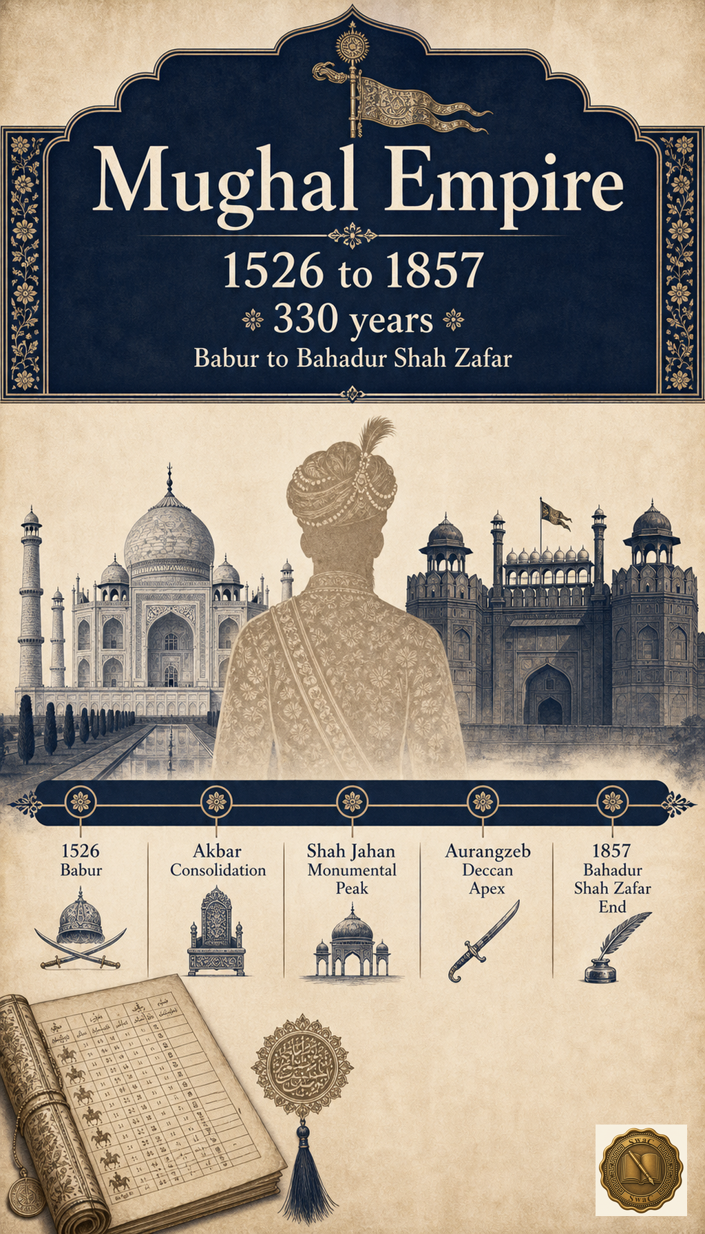 One imperial silhouette tying together Taj Mahal, Red Fort, and the 1526 to 1857 timeline arc.
