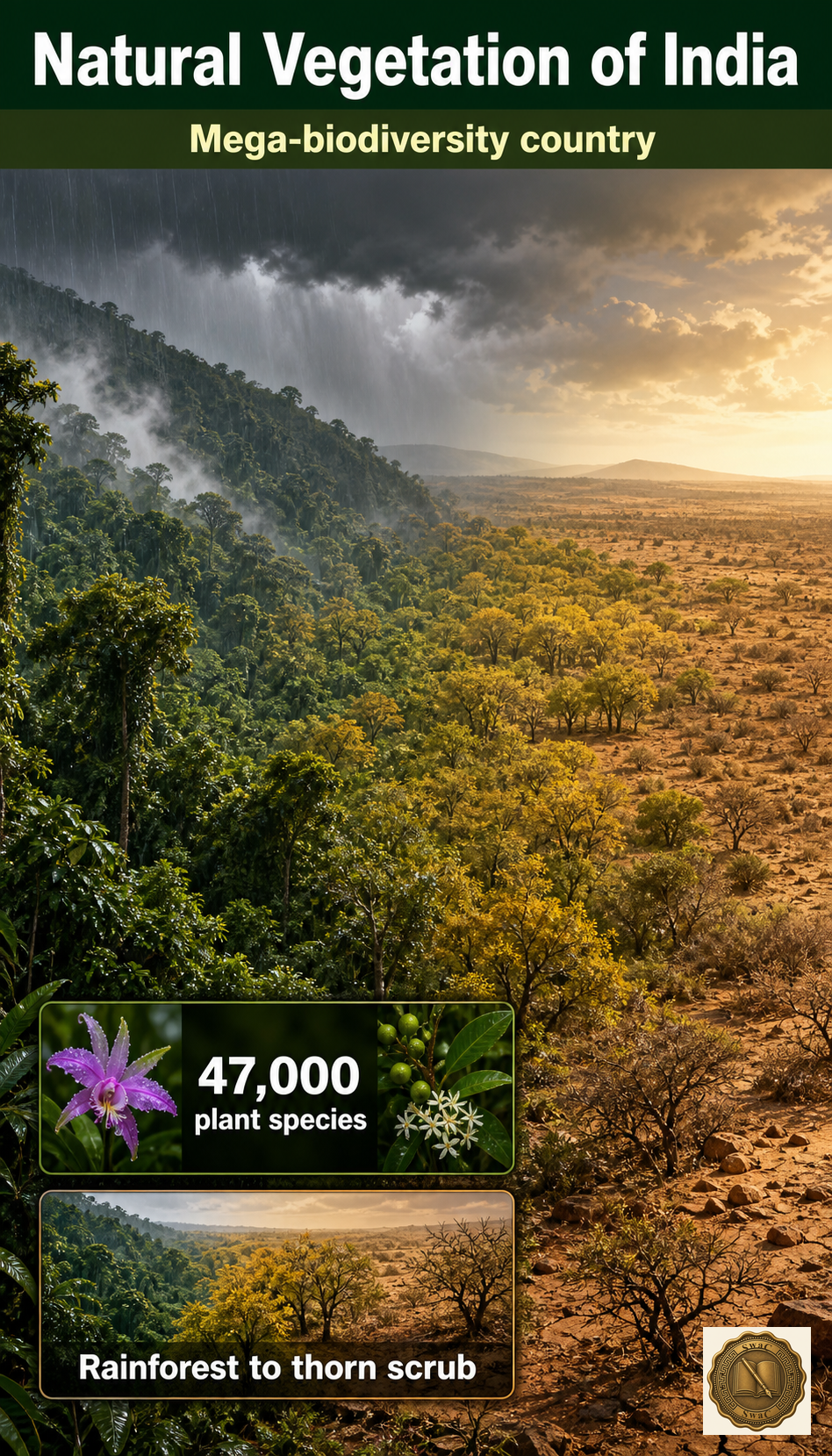 Vegetation is a living gradient of rainfall — one continuous Indian panorama running from wet evergreen forest to dry thorn scrub.