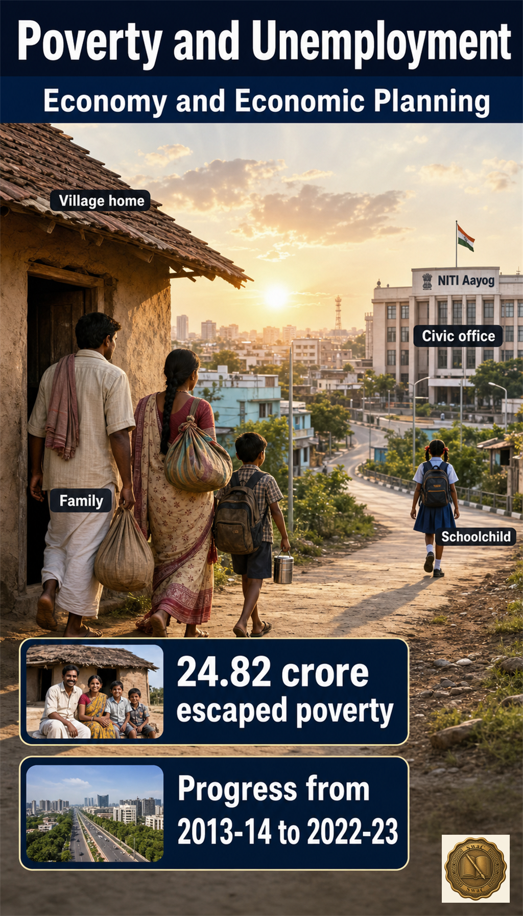 One family stepping from a modest village dwelling toward a brighter modern townscape at dawn — the human face of escaping poverty.
