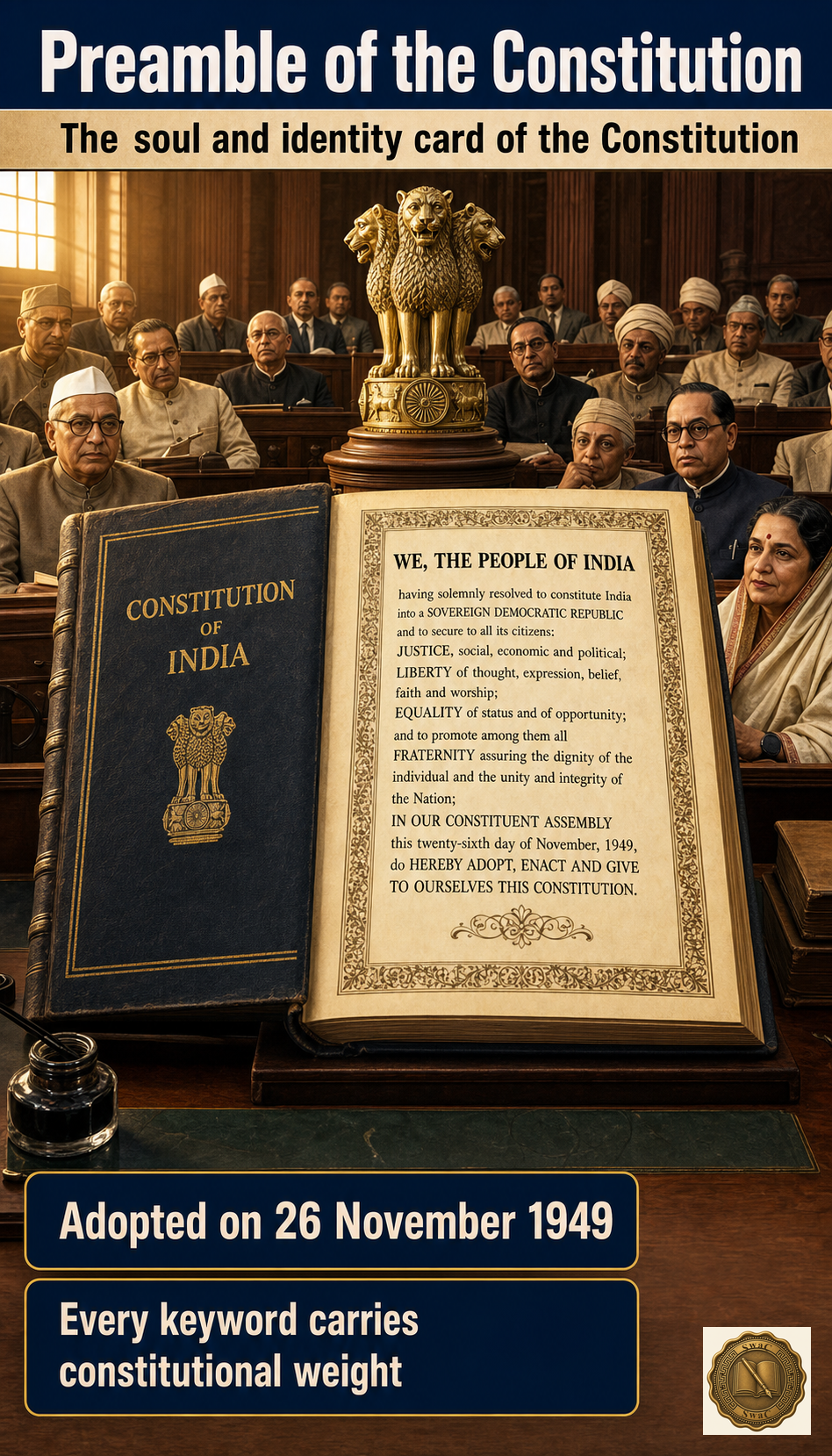 The Preamble is the title-page identity card that announces the Constitution's purpose, principles and philosophy in one breath.